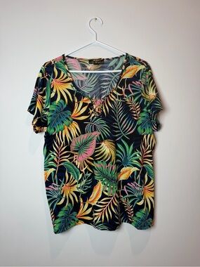 Women's V-Neck Tropical Leaf Blouse - Black Multicolour Size 1X